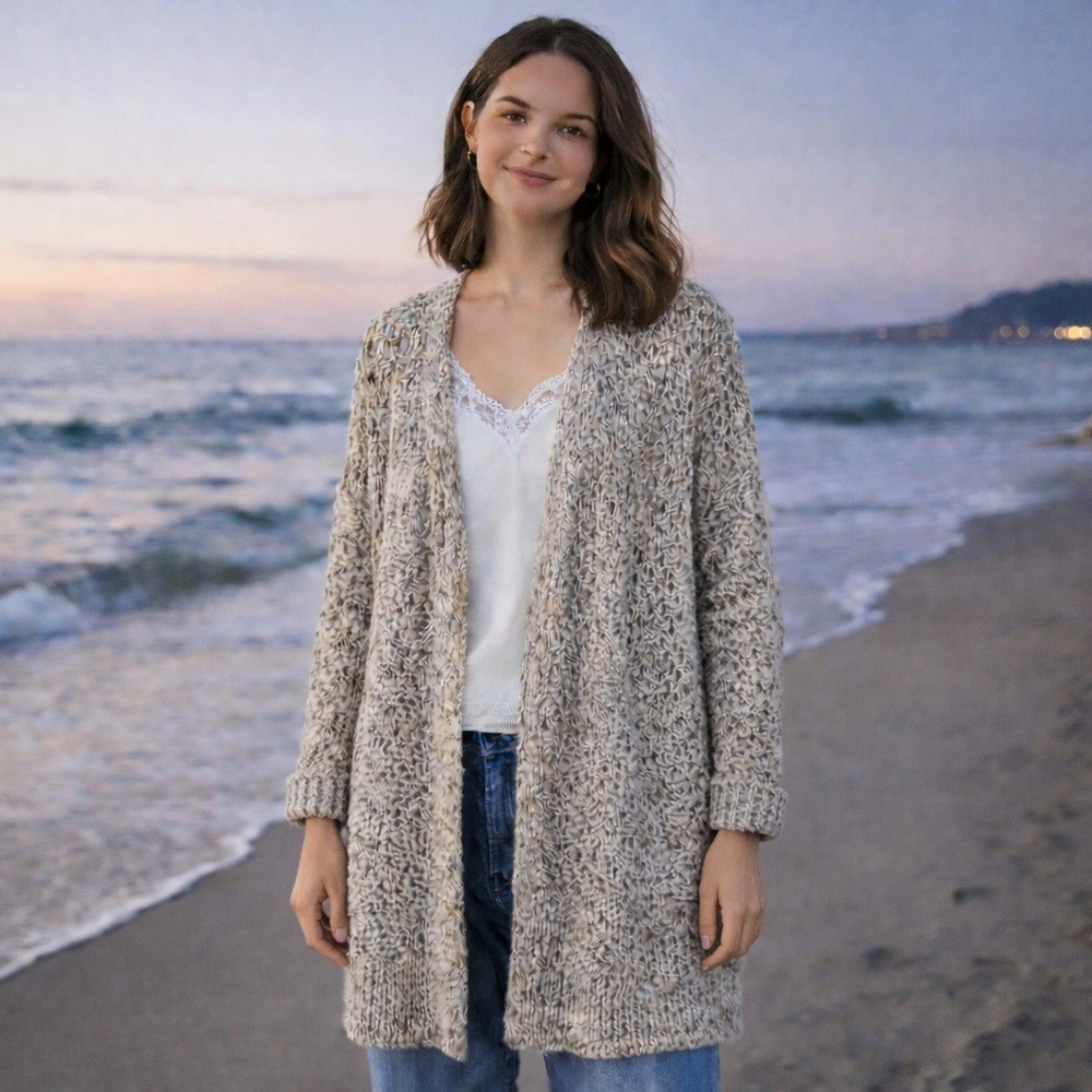 Lucky Brand Open‎ Knit Cardigan Womens L Tan Chunky Coastal Beach Sweater Boho